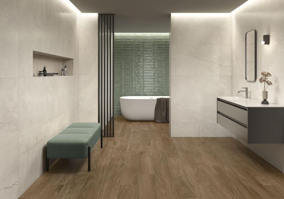 O baie amenajată în stil minimalist cu finisajele Pamesa Cerámica 3 pam1900x2988